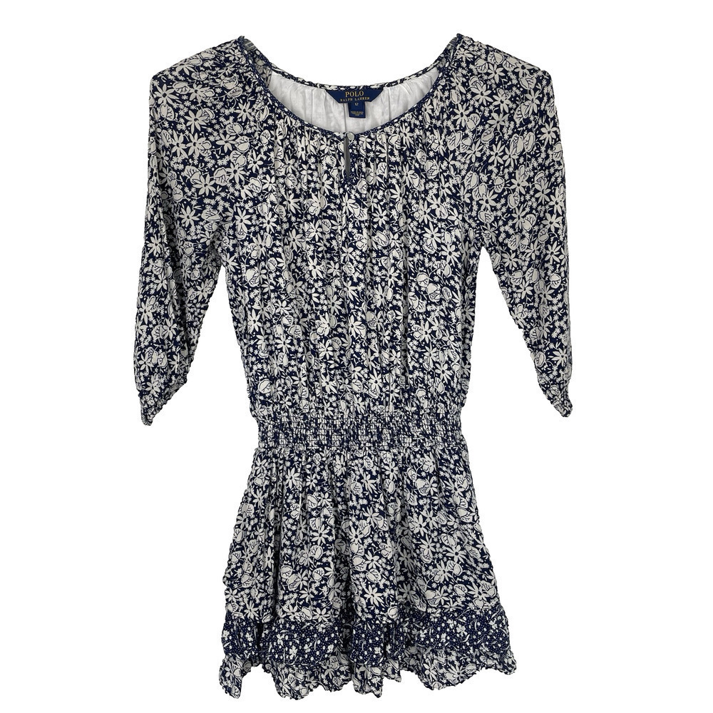 Polo Ralph Lauren Tiered Mini Dress Women Size 12 Navy Floral Western Festival - Picture 1 of 11